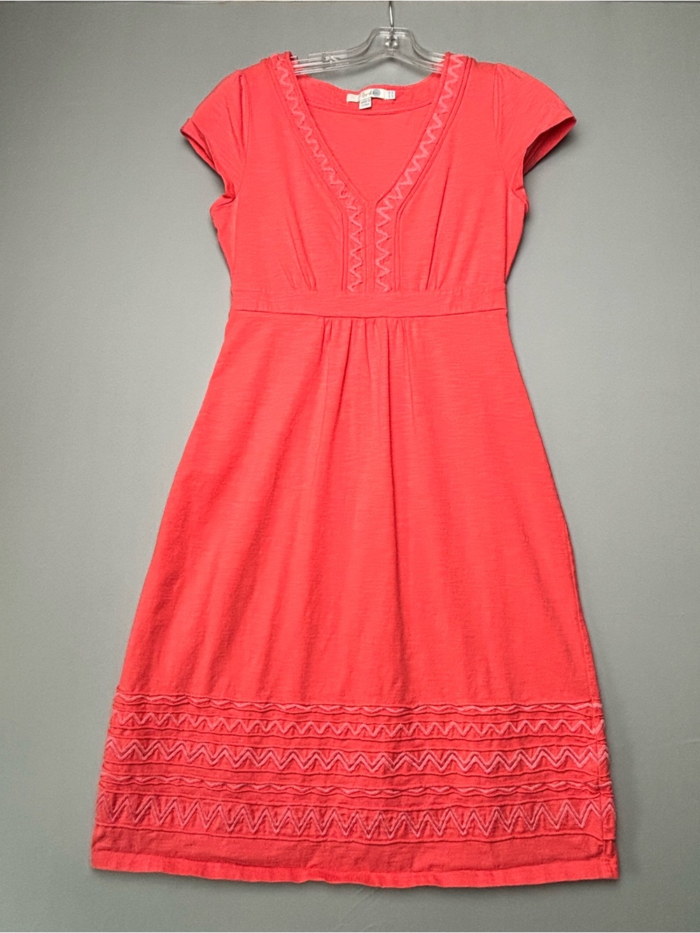 Boden Coral Pink Embroidered Trim Knit Midi Dress Women’s US 6R Short Sleeve